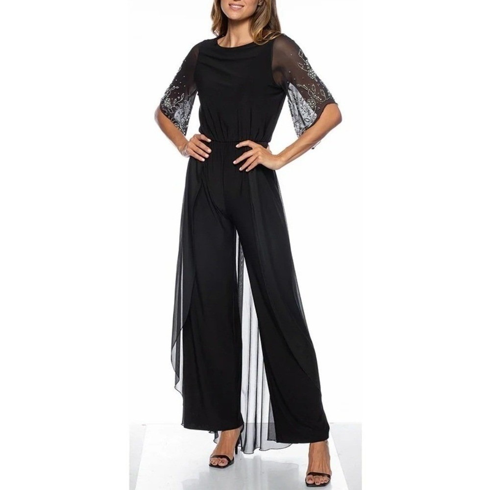 Beaded‎ Sleeve and Train Jumpsuit Marina Womens 14 Black Formal Evening NWT
